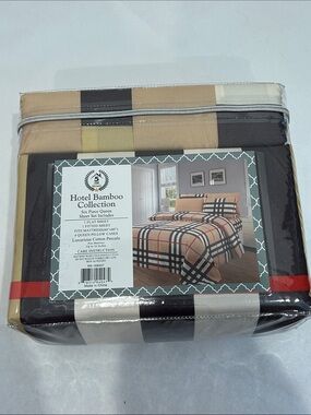 Hotel bamboo collection nova check Tan Black Plaid Six-Piece Sheet Set Queen new